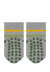 Gray socks featuring green, yellow, and light green stripes at the top and textured green star patterns on the soles for grip.
