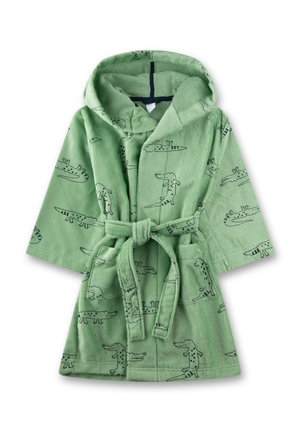 Accappatoio verde con cappuccio per bambini, con cintura annodata e stampa a tutto tondo di coccodrilli in stile cartone animato.