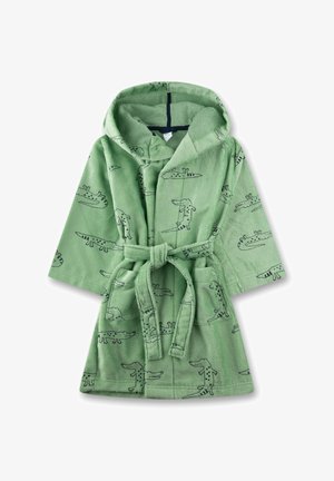 Accappatoio verde con cappuccio per bambini, con cintura annodata e stampa a tutto tondo di coccodrilli in stile cartone animato.