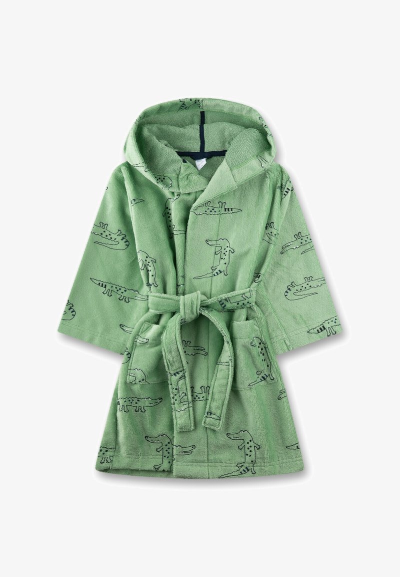 Kinder-Bademantel in Grün mit Kapuze, gebundenem Gürtel und durchgehenden Cartoon-Krokodil-Mustern.