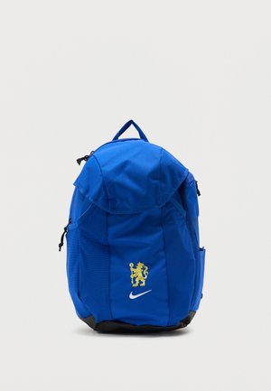 Sac à dos bleu avec emblème de lion jaune et logo Nike blanc, poche avant, poches latérales et poignée supérieure.