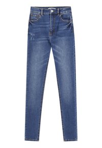 Jeans ajustados de denim azul medio, con una cintura de altura media, diseño de cinco bolsillos, un sutil desvanecimiento y costuras de contraste a lo largo de las costuras.