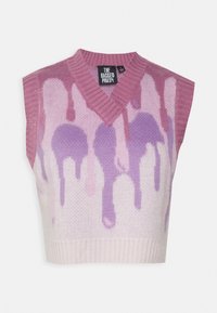 Maglione cropped senza maniche in morbido tessuto a maglia. Presenta un motivo a goccia rosa e viola e un design a V con dettagli a coste.