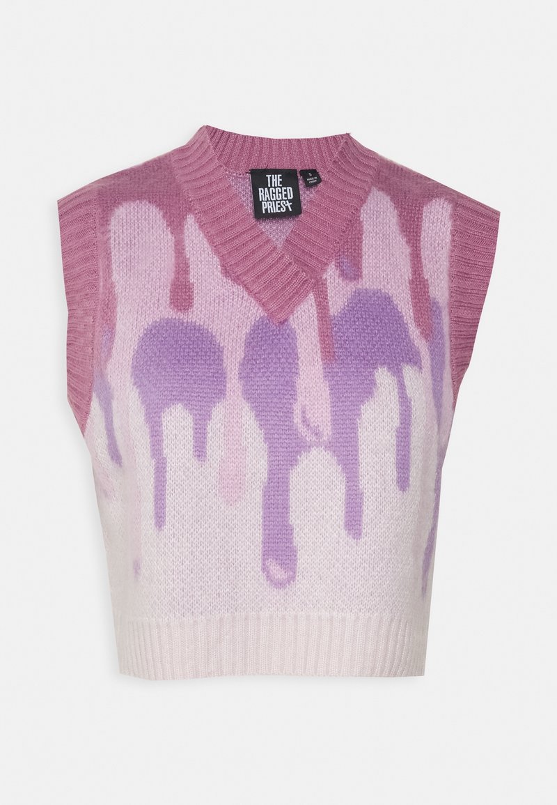 Maglione cropped senza maniche in morbido tessuto a maglia. Presenta un motivo a goccia rosa e viola e un design a V con dettagli a coste.