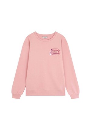 Sudadera rosa de manga larga, con cuello redondo y un gráfico en el pecho que presenta texto estilizado y motivos. Hecha de una tela suave con un dobladillo acanalado.
