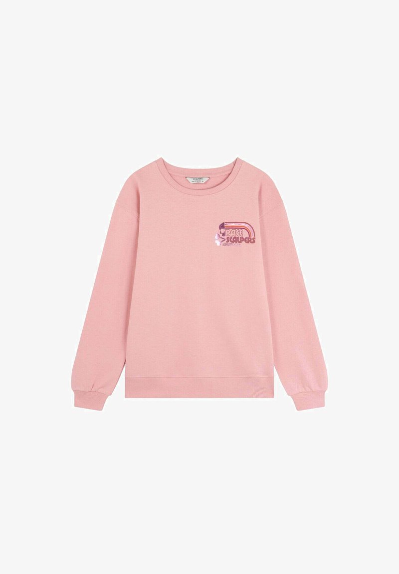 Pink sweatshirt with long sleeves, crew neckline, and a chest graphic featuring stylized text and motifs. Made of soft fabric with ribbed hem.