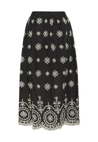 Zwarte rok met witte bloemenborduursels, elastische tailleband en golvende zoom met decoratieve accenten. Gemaakt van lichtgewicht stof.