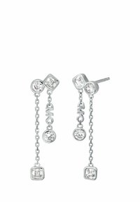 Pendientes de cadena de plata con cristales transparentes cuadrados y redondos, con eslabones colgantes y un diseño moderno. Acentos radiantes y distintivos.