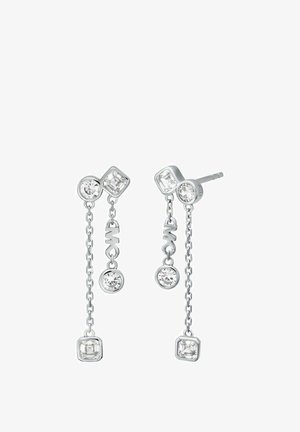 Orecchini a catena in argento con cristalli trasparenti quadrati e rotondi, con link pendenti e un design moderno. Accenti distintivi e radiosi.