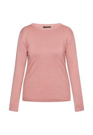 Roze langarmtrui van zacht breimateriaal. Heeft een ronde halslijn en een geribbelde zoom, met een gladde textuur en zonder patronen.