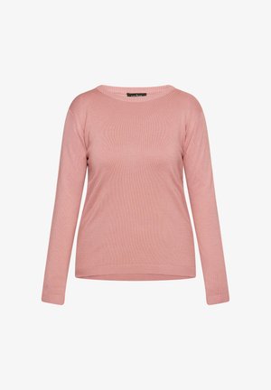 Roze langarmtrui van zacht breimateriaal. Heeft een ronde halslijn en een geribbelde zoom, met een gladde textuur en zonder patronen.