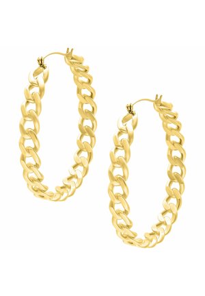 Gold hoop earrings with chunky chain-link design and hinged clasps for fastening.