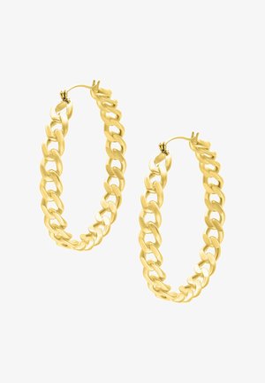 Gold hoop earrings with chunky chain-link design and hinged clasps for fastening.