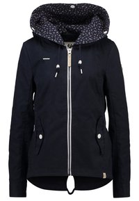 Navy blue women's jacket with front zipper, snap-button pockets, adjustable hood with floral print lining, and drawstring toggles.