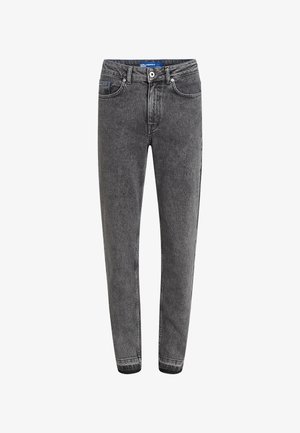 Grey denim jeans with a slim fit, featuring a buttoned waistband, five-pocket design, and subtle distressed texture on the fabric.