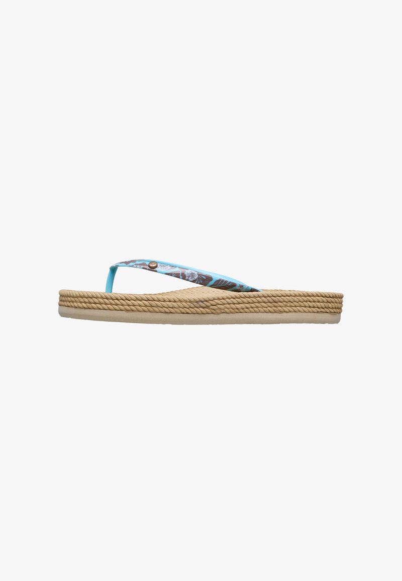 Tongs beiges à plateforme avec semelle en corde tressée et brides bleues ornées d'un motif floral tropical.