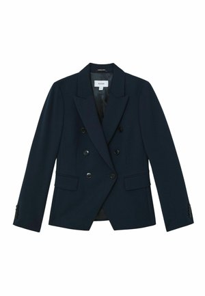 Marineblauer, doppelreihiger Blazer mit sechs schwarzen Knöpfen, breiten Revers, Pattentaschen und geknöpften Manschetten, maßgeschneidert für eine taillierte Silhouette.