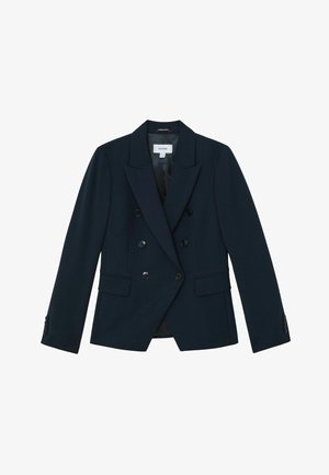 Marineblauer, doppelreihiger Blazer mit sechs schwarzen Knöpfen, breiten Revers, Pattentaschen und geknöpften Manschetten, maßgeschneidert für eine taillierte Silhouette.