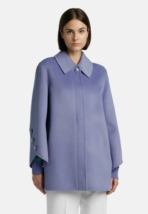 Purple wool blend coat with a wide collar, front button closure, and three large buttons on each sleeve, featuring a relaxed silhouette.