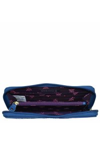 Blauwe portefeuille van polyester met een bloemenpatroon aan de binnenzijde. Voorzien van meerdere kaartsleuven en een ritscompartiment. RFID-blockering.