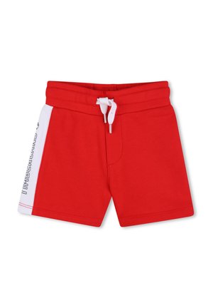 Shorts pour enfants rouges avec panneau latéral blanc et taille à cordon, arborant le logo Timberland sur le panneau latéral.
