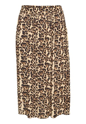 Sukňa s leopardím vzorom v béžovej a hnedej farbe, vyrobená z mäkkej tkaniny. Má elastický pás, strednú dĺžku a voľný strih.