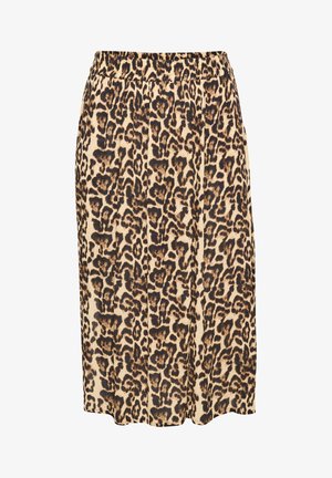 Jupe à imprimé léopard en beige et marron, en tissu doux. Dotée d'une taille élastique, d'un design mi-long et d'une silhouette fluide.