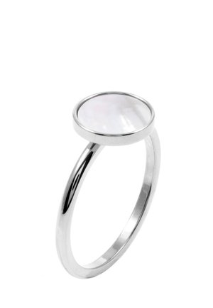 Silver ring featuring a round, polished mother-of-pearl stone set in a smooth bezel, with a sleek, thin band and a shiny finish.