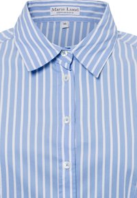 Blue and white striped shirt, cotton fabric, collared with button closure, featuring light blue buttons and a size label.