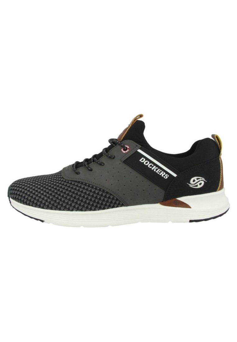 Black and grey athletic shoe with a textured, woven upper, perforated detailing, and white sole. Features logo accents and brown heel tab.