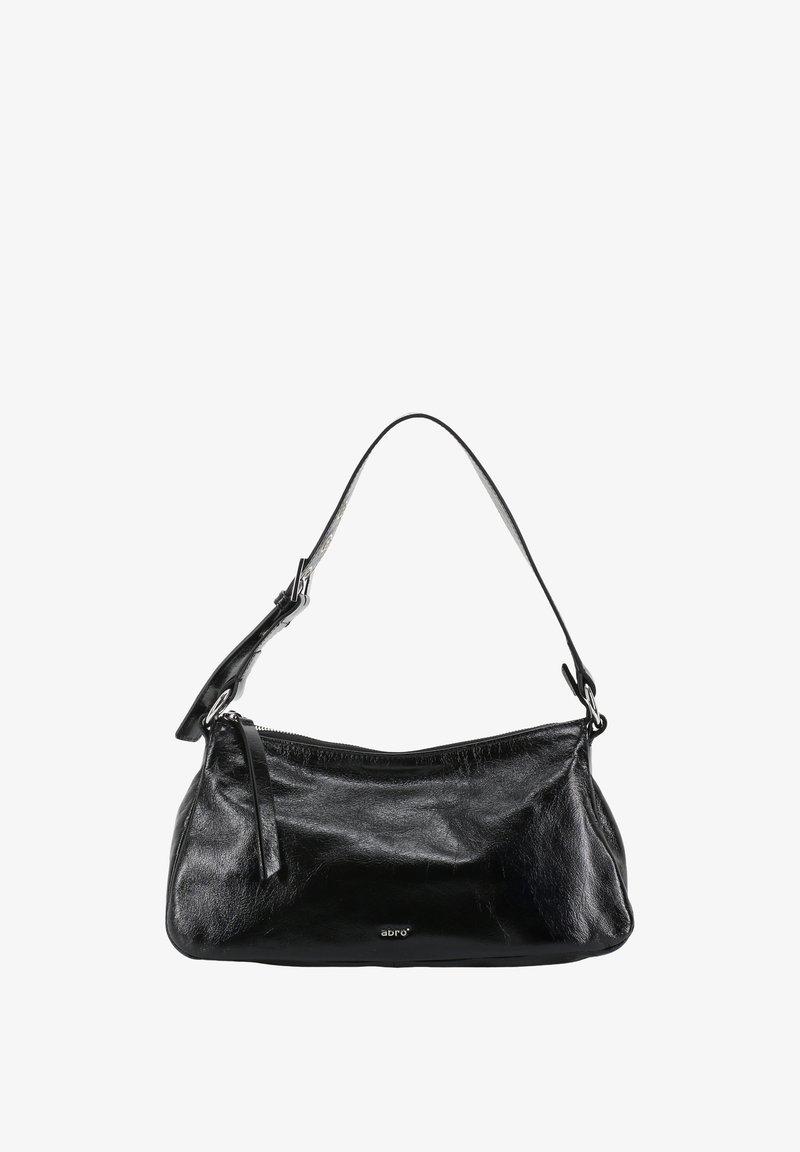 Black leather shoulder bag with a curved shape, zip closure, and adjustable strap. Features a small logo and smooth, shiny texture.