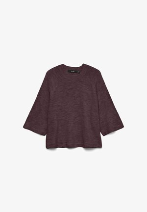 Dark purple knit sweater with wide three-quarter sleeves and a crew neckline, laid flat on a white background.