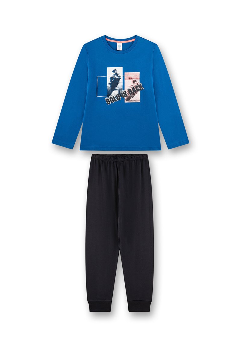 Blaues Langarmhemd mit grafischem Design und dem Text "BOLD IS BACK", kombiniert mit schwarzen Stoffhosen mit elastischem Bund. Baumwollmischung, lässige Passform.