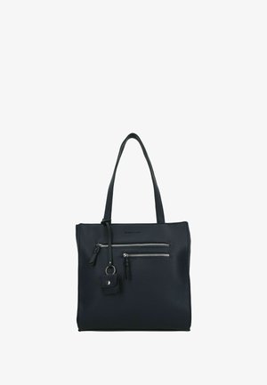 Sac fourre-tout en cuir noir avec deux poches zippées à l'avant, une petite pochette détachable et des bretelles doubles. Fini texturé, forme structurée.