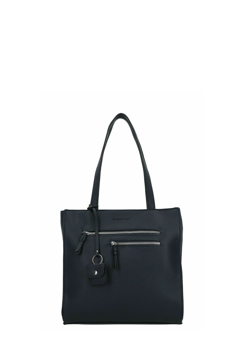 Borsa tote in pelle nera con due tasche frontali con zip, una piccola pochette removibile e doppie spalline. Finitura testurizzata, forma strutturata.