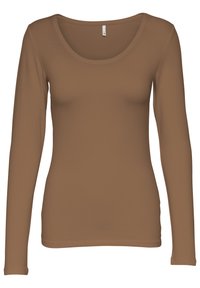 Langärmliges braunes Oberteil aus weichem Stoff, mit rundem Ausschnitt und figurbetontem Design. Keine sichtbaren Muster oder Beschläge.