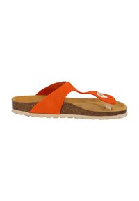 Orange suede flip-flop sandal with a cork footbed and a beige rubber outsole. Features a toe post and a circular accent near the upper strap.