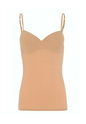 Lehká, bezešvá tílko v jemné béžové látce. Má tenké nastavitelné ramínka a hladký výstřih ve tvaru V.