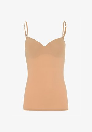 Kevyt, saumaton topi pehmeässä beigessä kankaassa. Ominaisuuksia ohuet säädettävät hihnat ja sileä V-muotoinen pääntie.