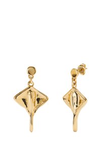 Pendientes de tono dorado con un diseño geométrico que presenta una forma triangular y una pieza colgante. Acabado texturizado con cierre de postigo.