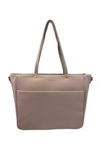 Borsa tote in pelle rosa con doppio manico, bordi arrotondati e una grande tasca frontale. Presenta accessori in tonalità dorata e finitura testurizzata.