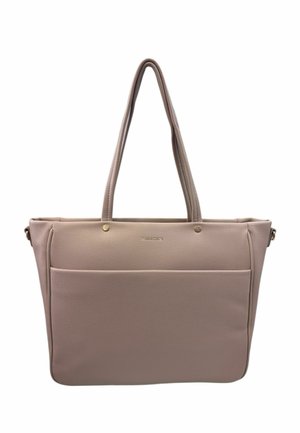 Borsa tote in pelle rosa con doppio manico, bordi arrotondati e una grande tasca frontale. Presenta accessori in tonalità dorata e finitura testurizzata.