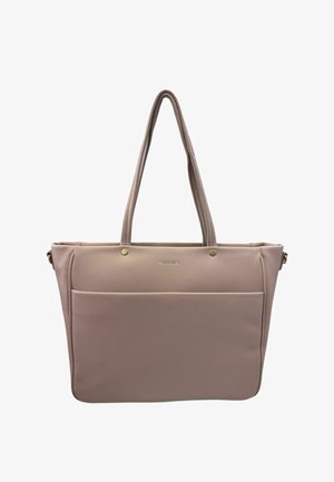Borsa tote in pelle rosa con doppio manico, bordi arrotondati e una grande tasca frontale. Presenta accessori in tonalità dorata e finitura testurizzata.