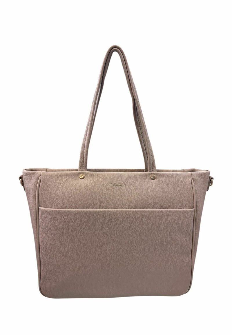 Borsa tote in pelle rosa con doppio manico, bordi arrotondati e una grande tasca frontale. Presenta accessori in tonalità dorata e finitura testurizzata.
