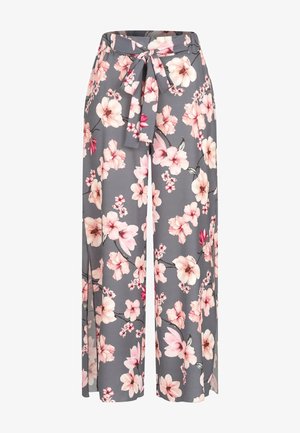 Pantaloni cu laturi largi din material gri, având un model floral roz, cu un brâu din șnur și o croială lejeră pentru confort.