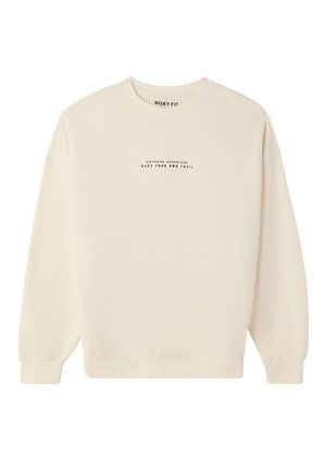 Kremowy, luźny sweatshirt z okrągłym dekoltem i długimi rękawami. Na przodzie znajduje się czarny nadruk z napisem: "PRZYGODA NA ŚWIERZYM POWIETRZU STWÓRZ SWOJĄ ŚCIEŻKĘ."