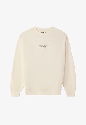 Felpa a maniche lunghe con vestibilità comoda di colore crema, con scollo rotondo. Presenta una stampa nera sul davanti: "AVVENTURA ALL'APERTO CREA IL TUO SENTIERO."