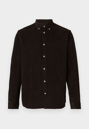 Sort kordfløjlsskjorte med lange ærmer, knap-ned krave og front knaplukning. Har et struktureret stof og en subtil glans.