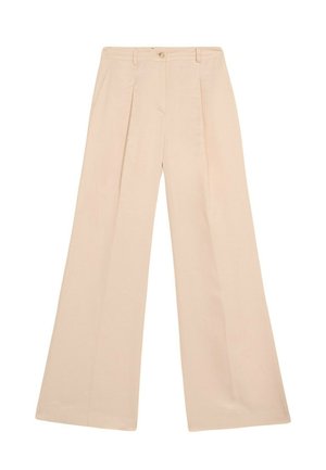 Beige wide-leg trousers made of lightweight fabric. Features front pleats, a button closure, and a smooth texture without patterns.