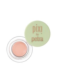 Crème de couleur pêche dans un pot transparent avec une base rainurée, surmontée d'un couvercle rond vert avec un texte rose en relief "pixi by petra."